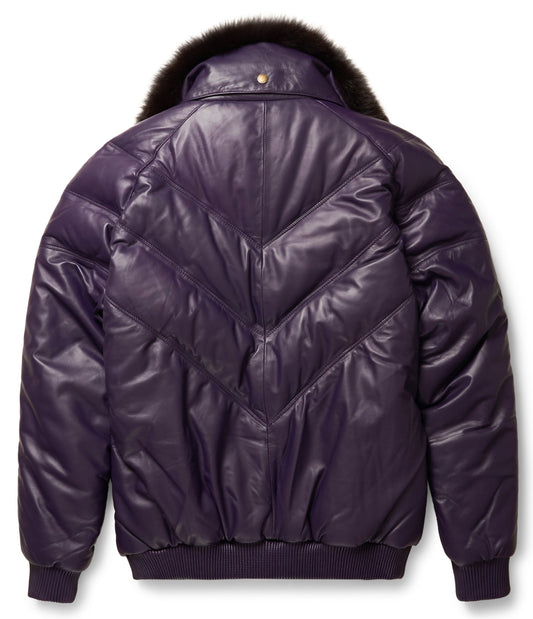 Men V Bomber Jacket in Purple – Interchangeable Fox Fur Collar Style | Leather Elites
