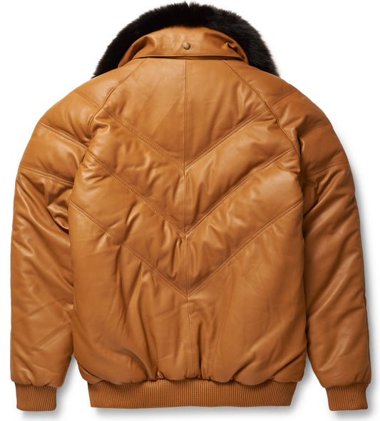 Classic Men Camel V Bomber Jacket Featuring Removable Fox Fur Neck Trim | Leather Elites