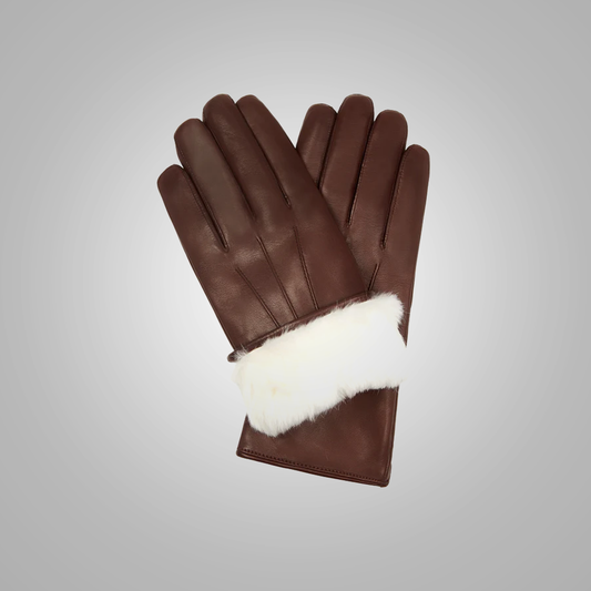 New Men Brown Lambskin leather gloves with white fur lining