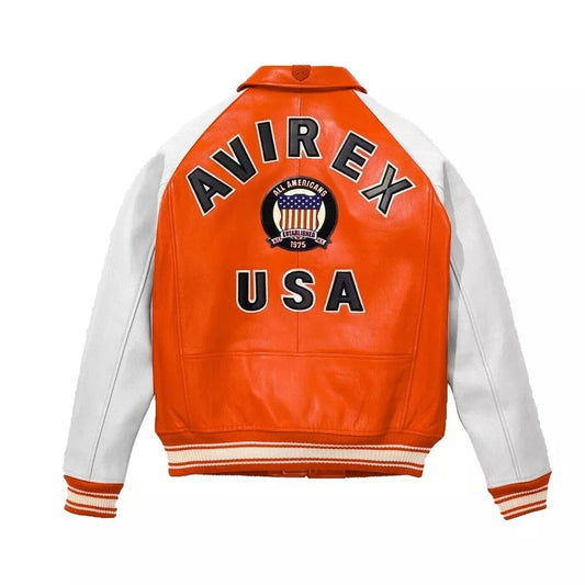 Men’s Avirex Orange White American Flight Jacket – 100% Lamb Leather
