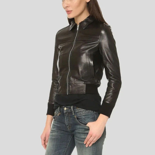 Women's Shirt Collar Brown Aviator Leather Bomber Jacket