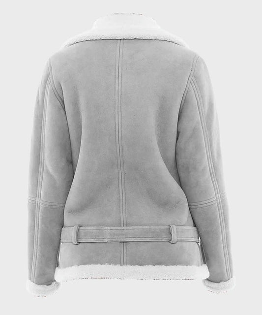 Women's Frost Grey Suede Shearling Biker Jacket