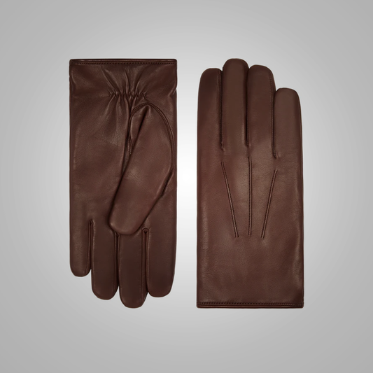 New Men Brown Lambskin leather gloves with white fur lining