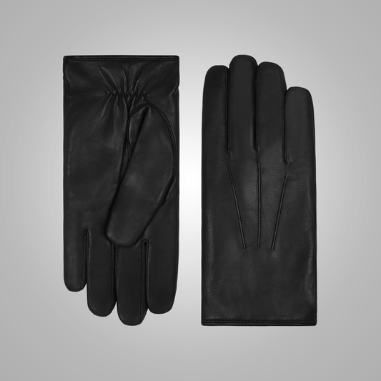 New Men Black Lambskin Leather Gloves with Brown fur Lining