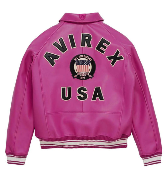 The Avirex Icon Leather Bomber Jacket in Rebellious Pink