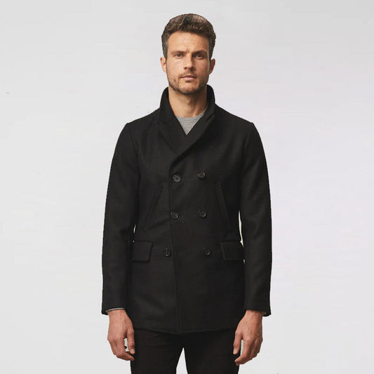Men Classic Wool-Blend Peacoat – Black Navy Melton Style | Leather Elites