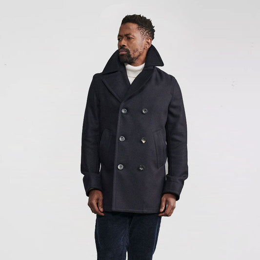 Classic Men Dark Navy Maritime Peacoat – Wool Melton Fleece | Leather Elites