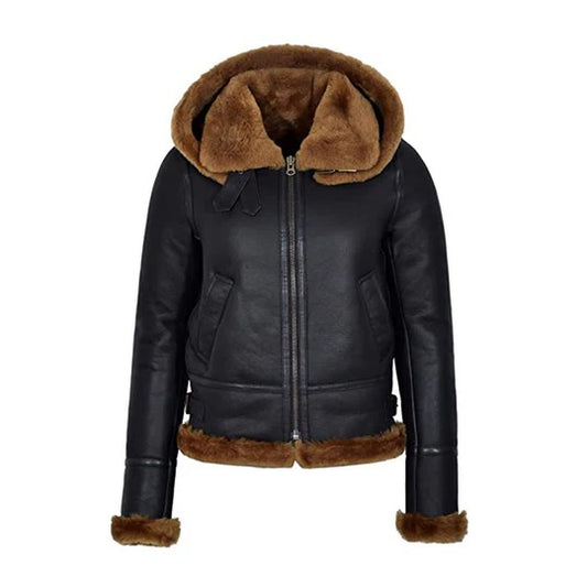 Women's Midnight Hooded B3 Sheepskin Shearling Flight Jacket