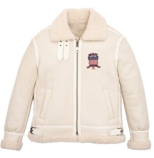 Snow White Avirex B3 Shearling Bomber Leather Jacket