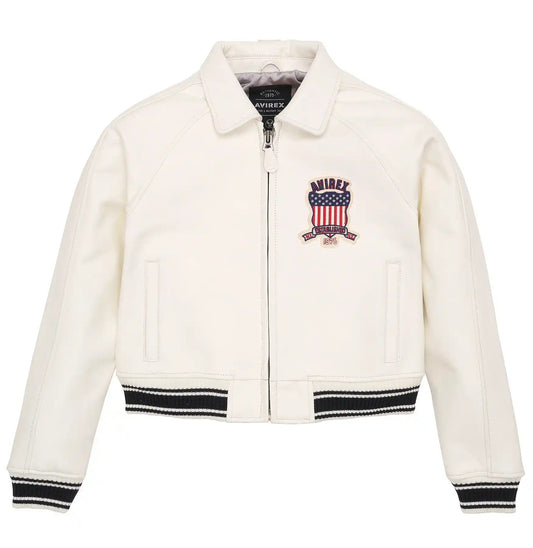 Avirex Women White Cropped Icon Leather Jacket
