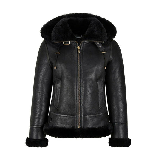 Women Classic Black B3 Hooded Shearling Bomber Jacket  Leather Elites
