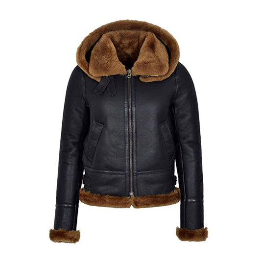 Women Black B3 Shearling Hooded Flying Jacket