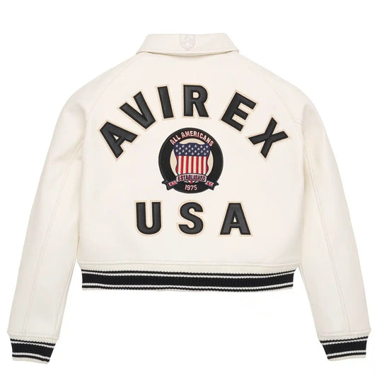 Avirex Women White Cropped Icon Leather Jacket