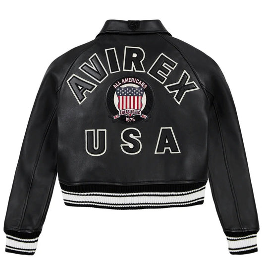 Women’s Avirex Simple Jet Black Cropped Leather Jacket