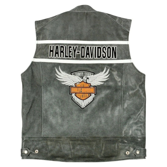 Harley Davidson Men’s Genuine Leather Grey Biker Vest with 4 Front Pockets