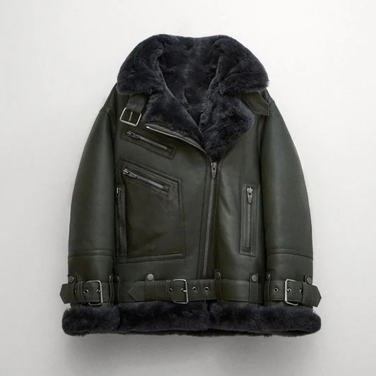 Women's Forest Green RAF Lambskin Shearling Aviator Jacket