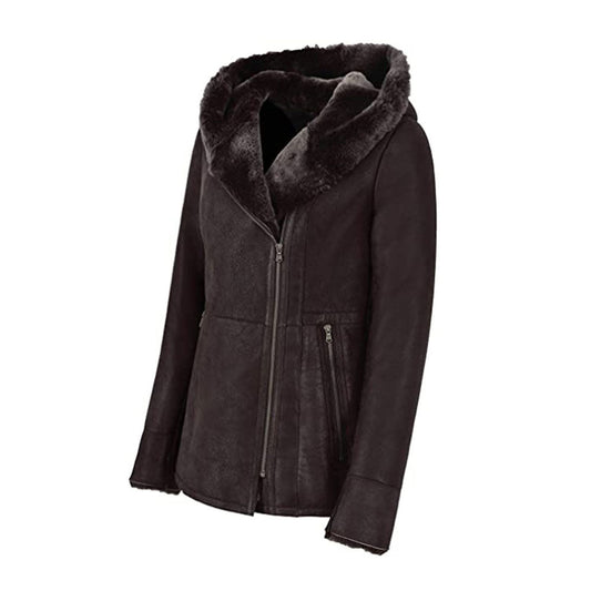 Women Hooded Shearling Fur Long Leather Jacket  Leather Elites