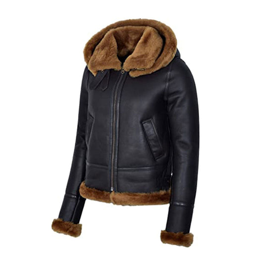 Women Black B3 Shearling Hooded Flying Jacket
