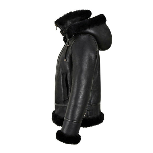 Women Classic Black B3 Hooded Shearling Bomber Jacket  Leather Elites