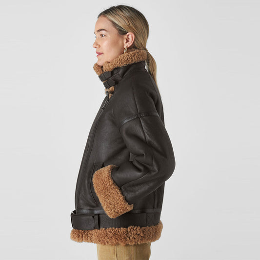 Women Black Shearling Aviator Jacket with Belted Waist – Premium Winter Leather Jacket