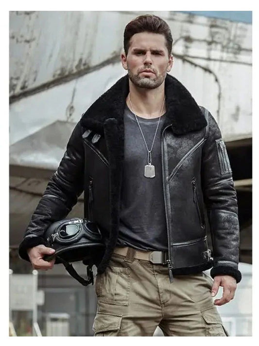 Men's Arctic Aviator Fur Bomber Leather Jacket