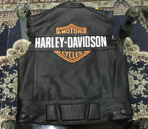 Harley Davidson Men’s Genuine Leather Black Biker Vest Leather Jacket Moto Cafe