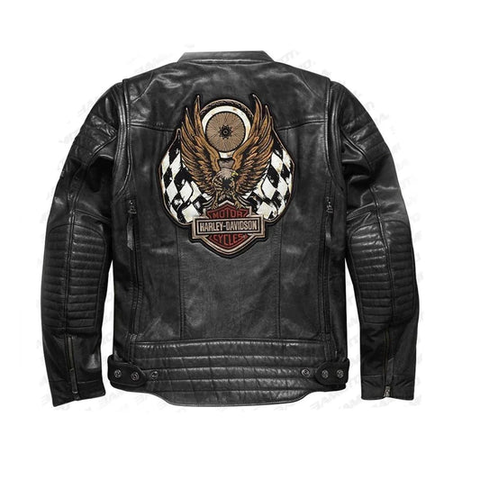 Harley Davidson Men Embroidery Eagle Design Natural Leather Jacket