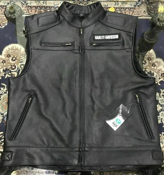 Harley Davidson Men’s Genuine Leather Black Biker Vest Leather Jacket Moto Cafe