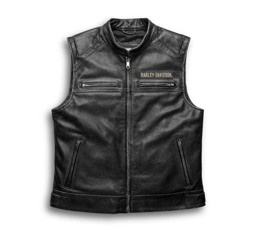 Harley Davidson Men’s Genuine Leather Black Back Logo Moto Cafe Biker Leather Vest