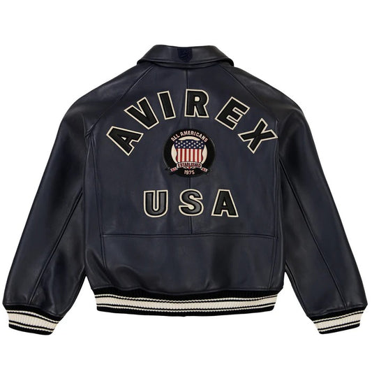 Men’s Avirex Navy Blue Icon Bomber Leather Jacket