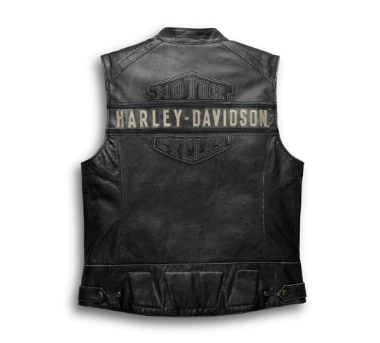 Harley Davidson Men’s Genuine Leather Black Back Logo Moto Cafe Biker Leather Vest