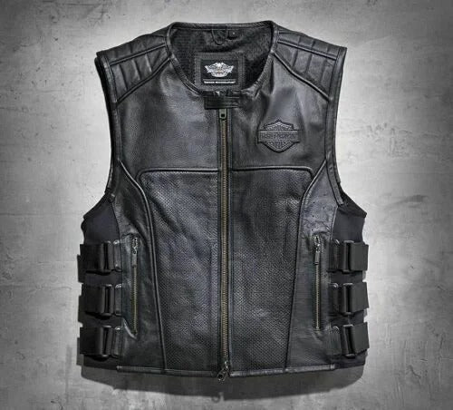 Men Swat II Genuine Leather Zippered Harley Davidson Biker Cafe Racer Black Vest