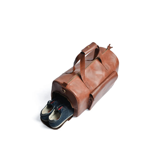 Camel Brown Premium Pull-Up Leather Duffle Bag Weekender Bag | Full-Grain Cowhide