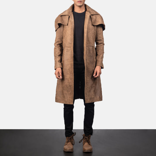Army-Inspired Brown Sheepskin Leather Long Coat – Duster Style