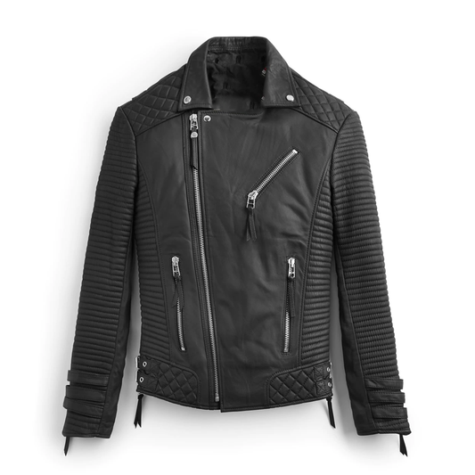 Premium Men Black Leather Motorcycle Jacket – Patterned Biker Edition | Leather Elites