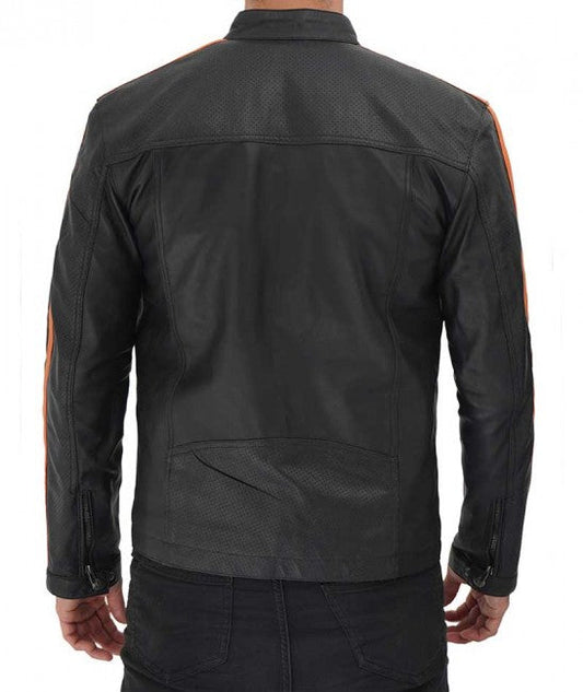 Classic Men Black Leather Café Racer Jacket with Stripes | Leather Elites