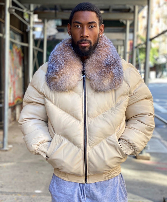 Cream Color Men V Bomber Jacket – Crystal Fox Trim Style