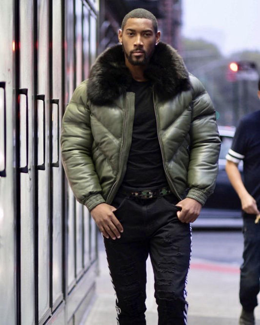 Men Bomber Jacket in Olive Green with Black Fur Accents | Leather Elites