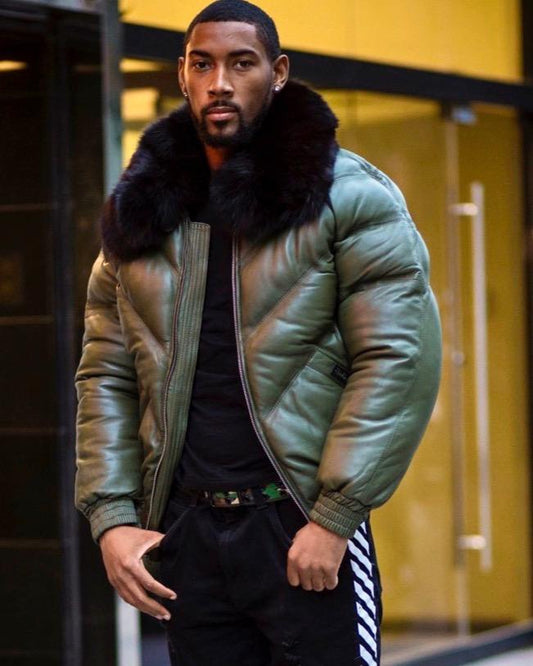 Men Bomber Jacket in Olive Green with Black Fur Accents | Leather Elites