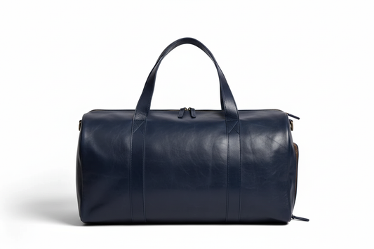 Premium Navy Leather Duffel Weekender Travel Bag