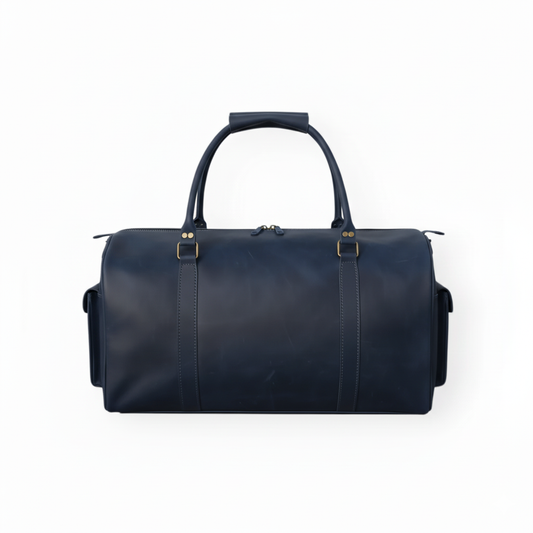 Navy Leather Duffel Bag  Premium Men Travel & Gym Holdall