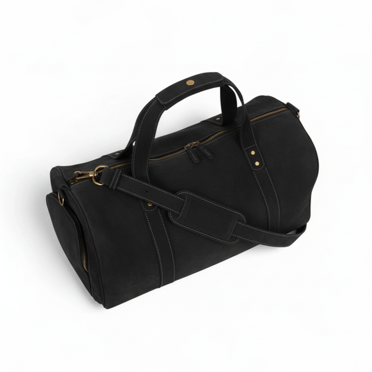 Black Leather Duffel Bag Premium Travel & Gym Holdall with Shoe Compartment