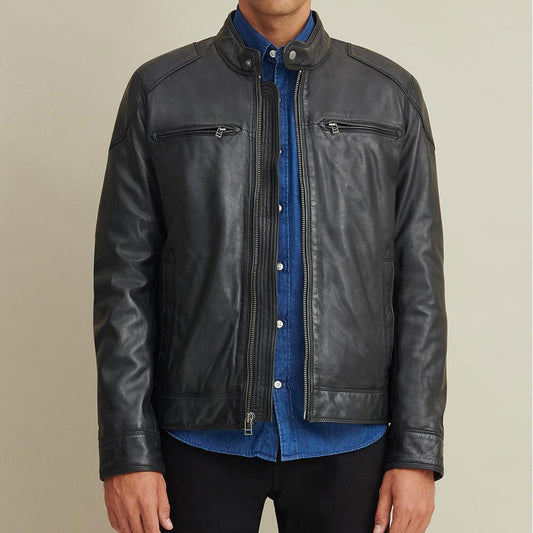 Men Motorbike Riding Outerwear in Leather with Epaulette Shoulder Design