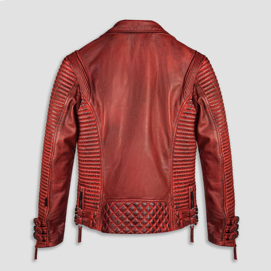 Men Biker Jacket in Red Waxed Genuine Leather – Moto Outerwear | Leather Elites