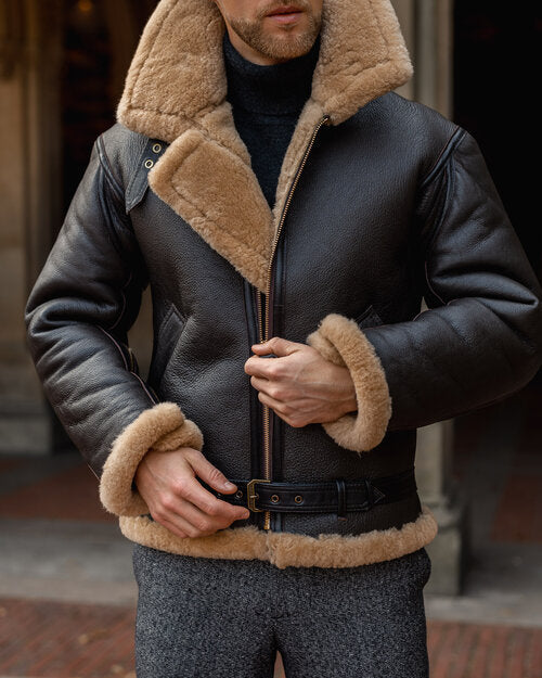 Men RAF B3 Aviator Jacket – Black Belted Flight Leather Design | Leather Elites