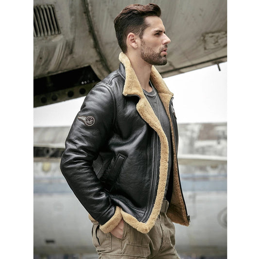 Men Black B3 Leather Aviation Jacket – RAF Aviator Style with Adjustable Belt | Leather Elites