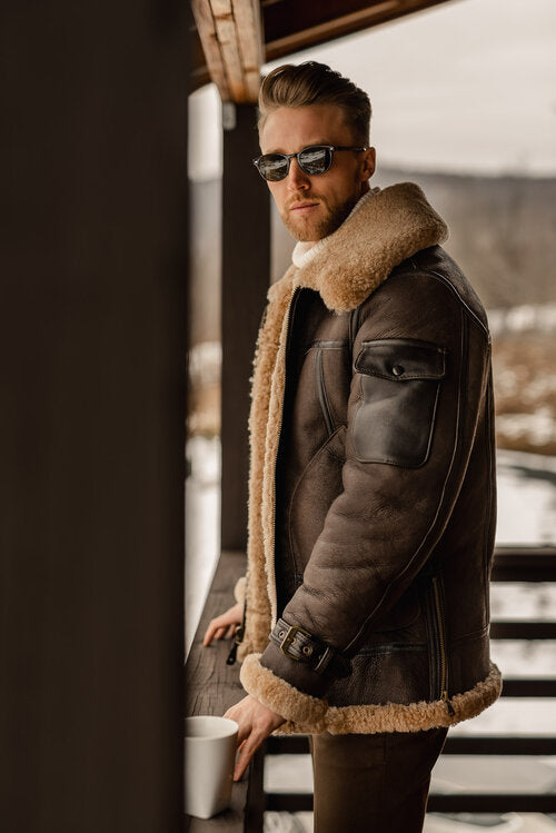 Men B3 Aviation Leather Coat – Brown Long Flying Style Outerwear | Leather Elites