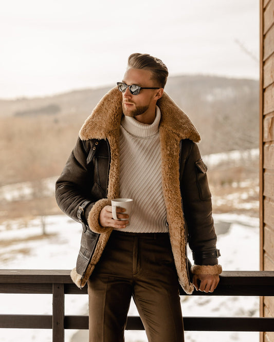 Men B3 Aviation Leather Coat – Brown Long Flying Style Outerwear | Leather Elites