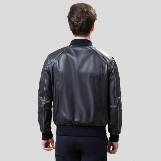 Premium Knit Trim Black Leather Jacket