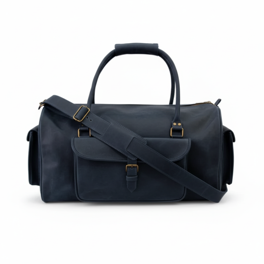 Navy Leather Duffel Bag  Premium Men Travel & Gym Holdall
